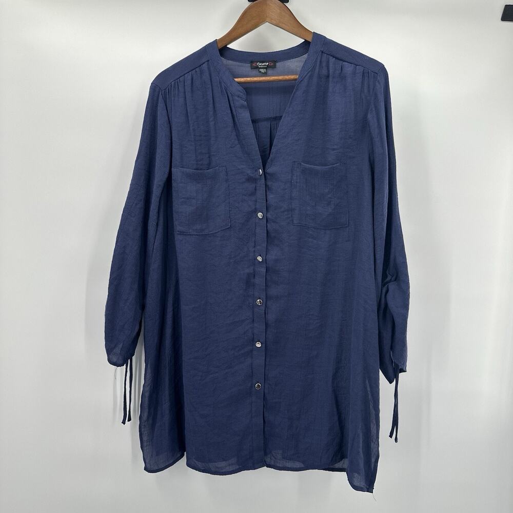 Cocomo Blouse Top Womens 2X Blue Button Semi Sheer Nautical Coastal Tie Sleeve‎